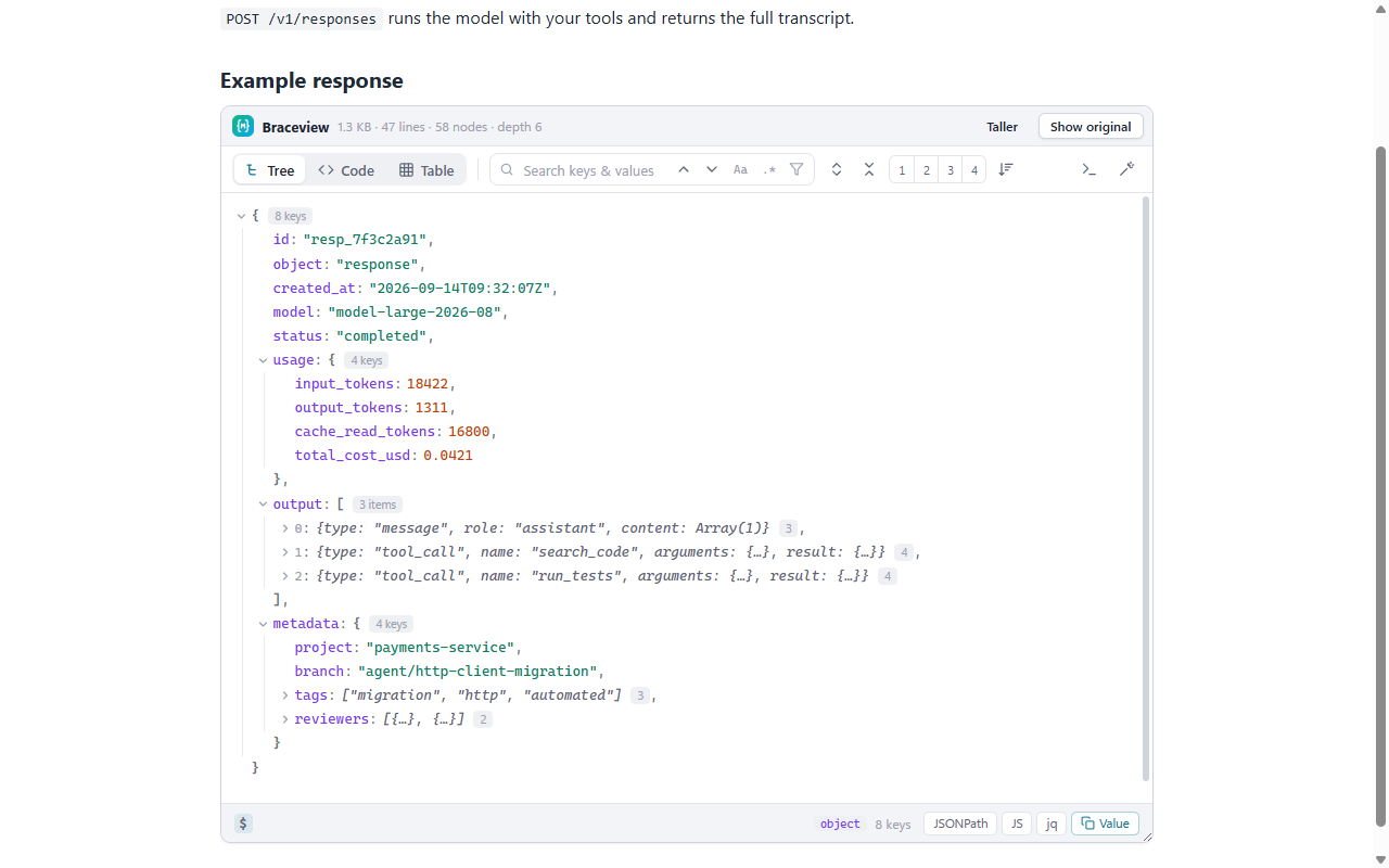 Braceview extension showing JSON from a documentation page as a tree