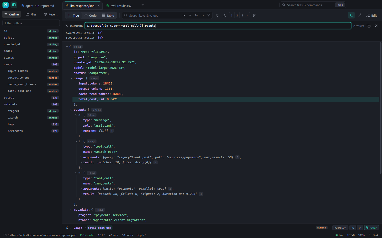 JSON tree with a JSONPath query in dark mode
